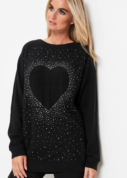 Dolg pulover z okrasnimi kamenčki v obliki srčka
