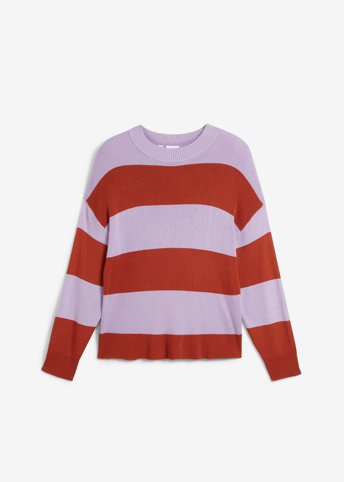 Fino pleten pulover s kontrastnimi črtami in okroglim izrezom